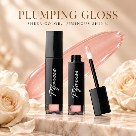 PZAROSE Plumping Gloss — sheer nude pink shine in signature black packaging