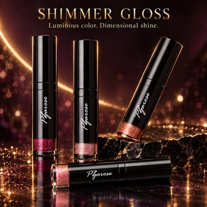 PZAROSE Shimmer Gloss — four luminous shades in signature black packaging
