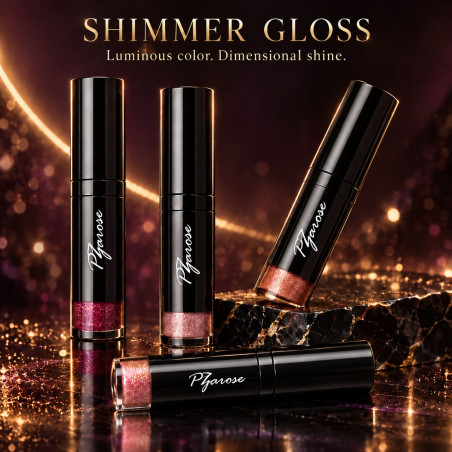 PZAROSE Shimmer Gloss — four luminous shades in signature black packaging