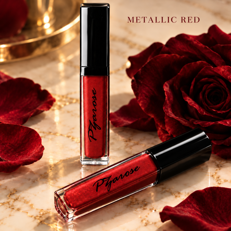 PZAROSE Metallic Red Liquid Lipstick — radiant red glass bottles with black signature logos