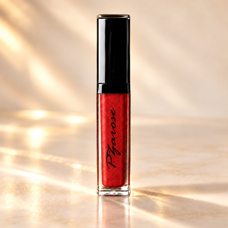 PZAROSE Metallic Red Liquid Lipstick — solo glass bottle with black signature logo