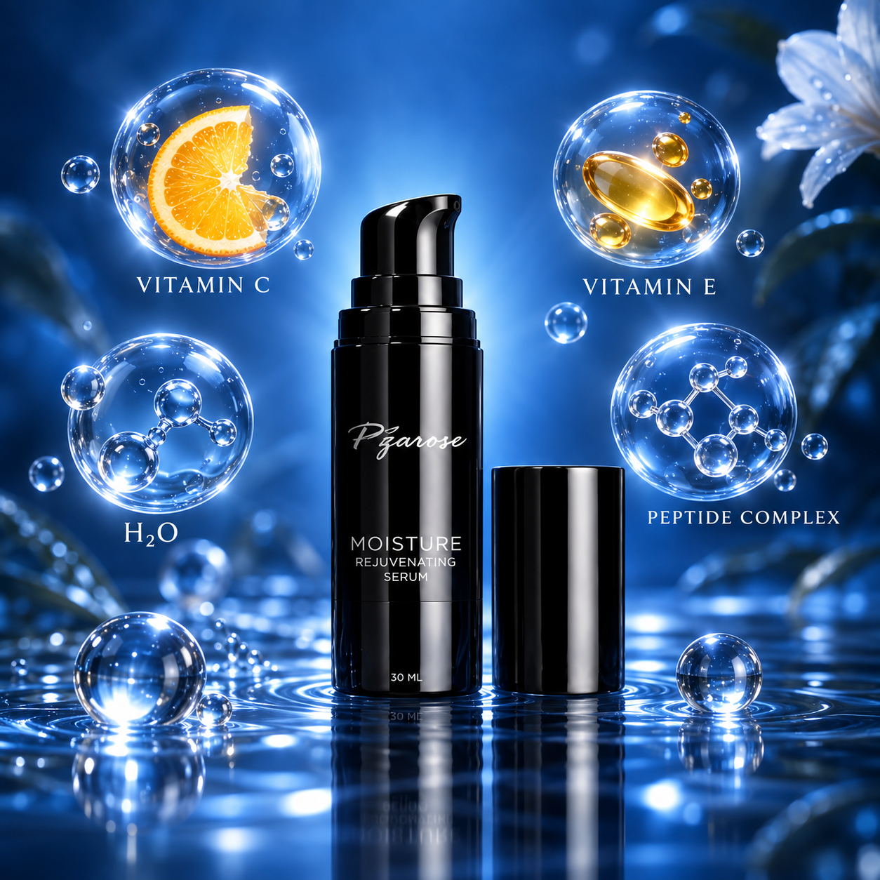 Vitamin C, vitamin E, sodium hyaluronate and peptide complex featured in PZAROSE Brightening Moisture Serum