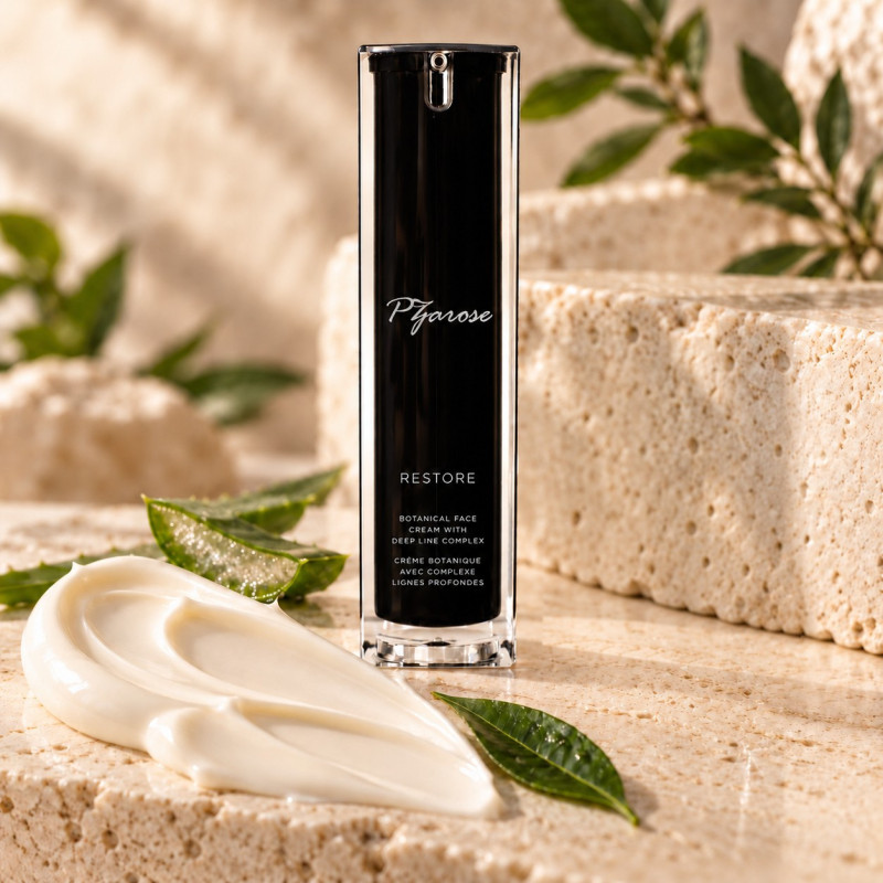 Velvety Botanical Face Cream texture with the PZAROSE Restore bottle