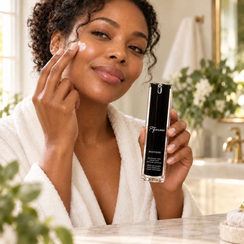 PZAROSE Botanical Face Cream — model applying the vegan moisturizer