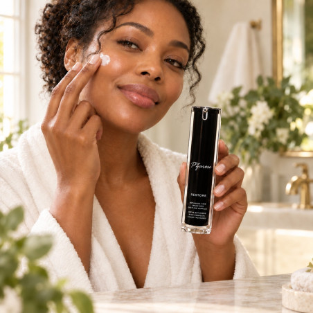PZAROSE Botanical Face Cream — model applying the vegan moisturizer