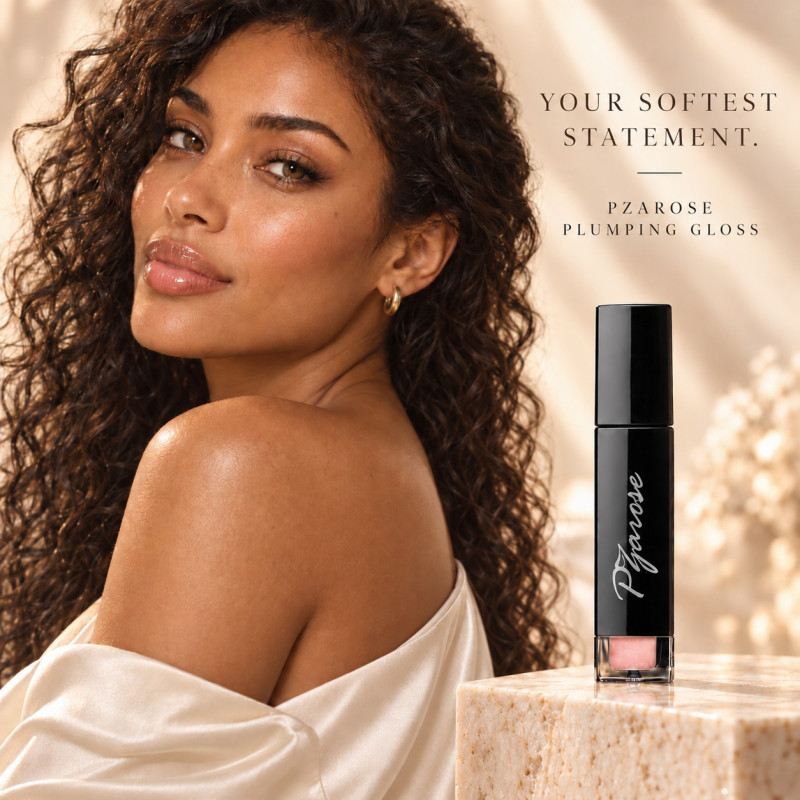 PZAROSE Plumping Gloss — sheer nude pink beauty campaign