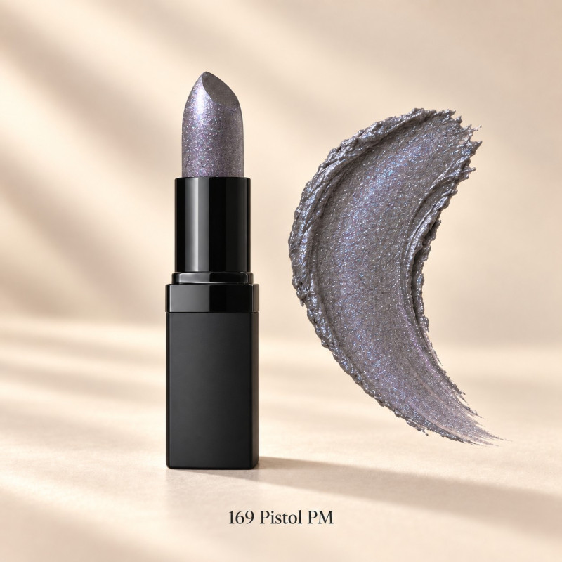 PZAROSE Pearlized Matte Lipstick — 169 Pistol PM with matching color texture swatch