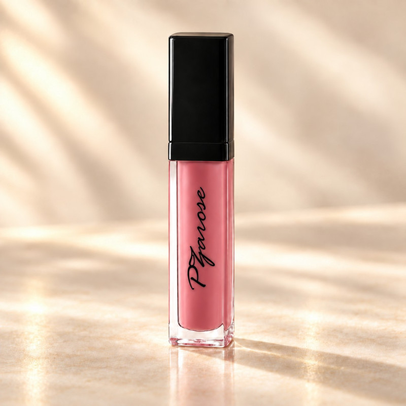 PZAROSE Liquid Velvet Lipstick — clear glass packaging with black logo