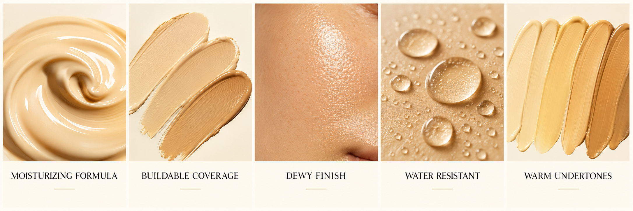 Moisturizing formula, buildable coverage, dewy finish, water resistance and warm undertones