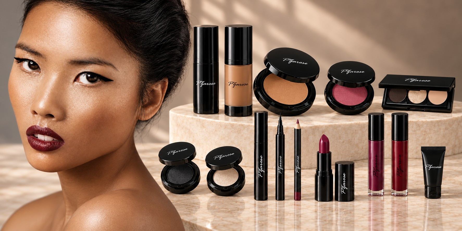 Medium Dark Set 06: defined eyes and wine lips, shown with the complete fourteen-piece PZAROSE collection