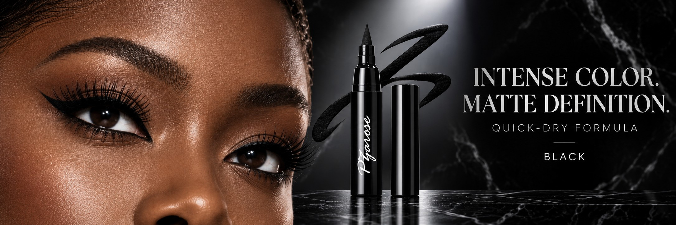 PZAROSE Ink-Jet Eyeliner — intense matte Black definition, close-up eye banner
