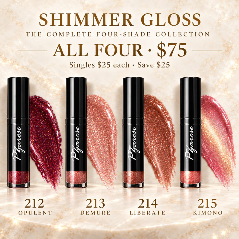 All four Shimmer Gloss shades and swatches — $75