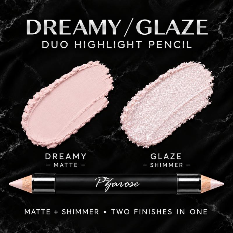 PZAROSE Duo Highlight Pencil — Dreamy / Glaze — matte and shimmer swatches