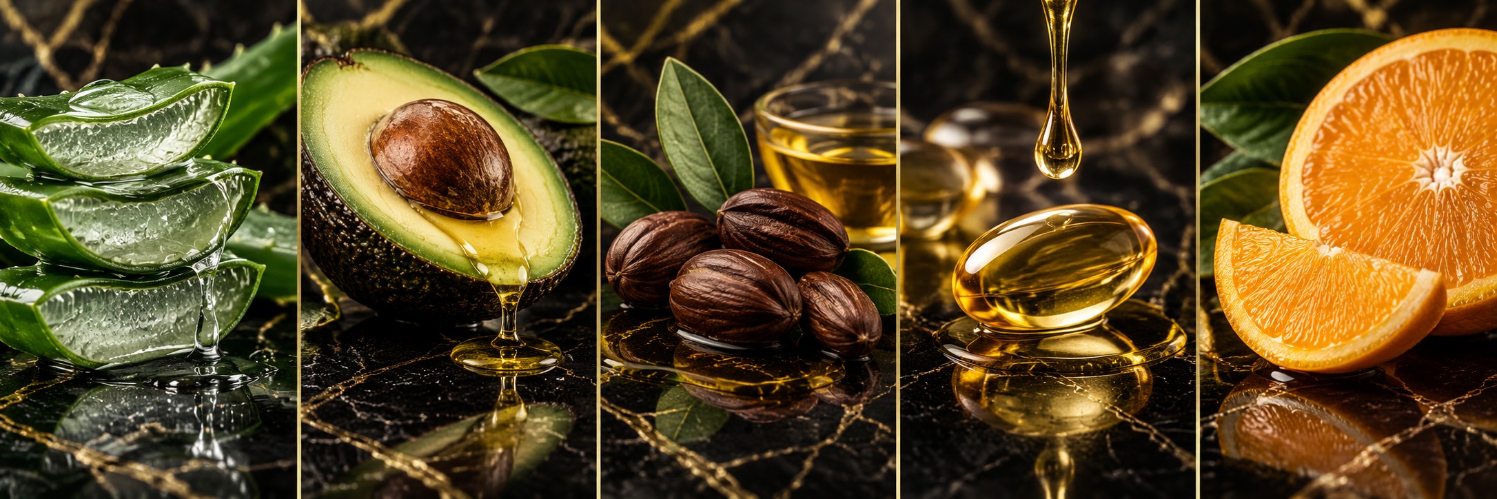 Aloe vera, avocado oil, jojoba oil, vitamin E and vitamin C