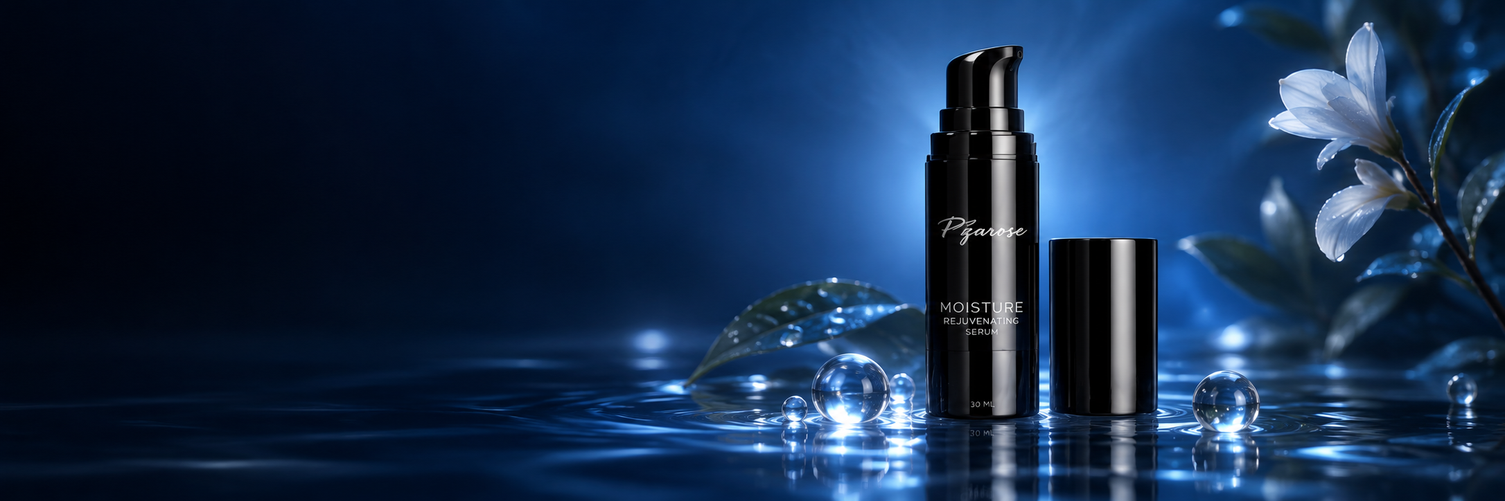 PZAROSE Brightening Moisture Serum in a luminous blue hydration setting