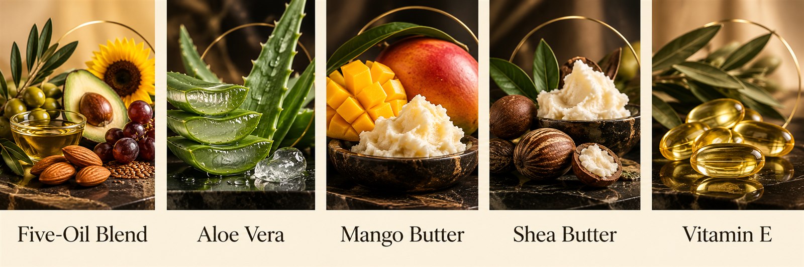 Olive oil, aloe vera, mango butter, shea butter and vitamin E botanical ingredients