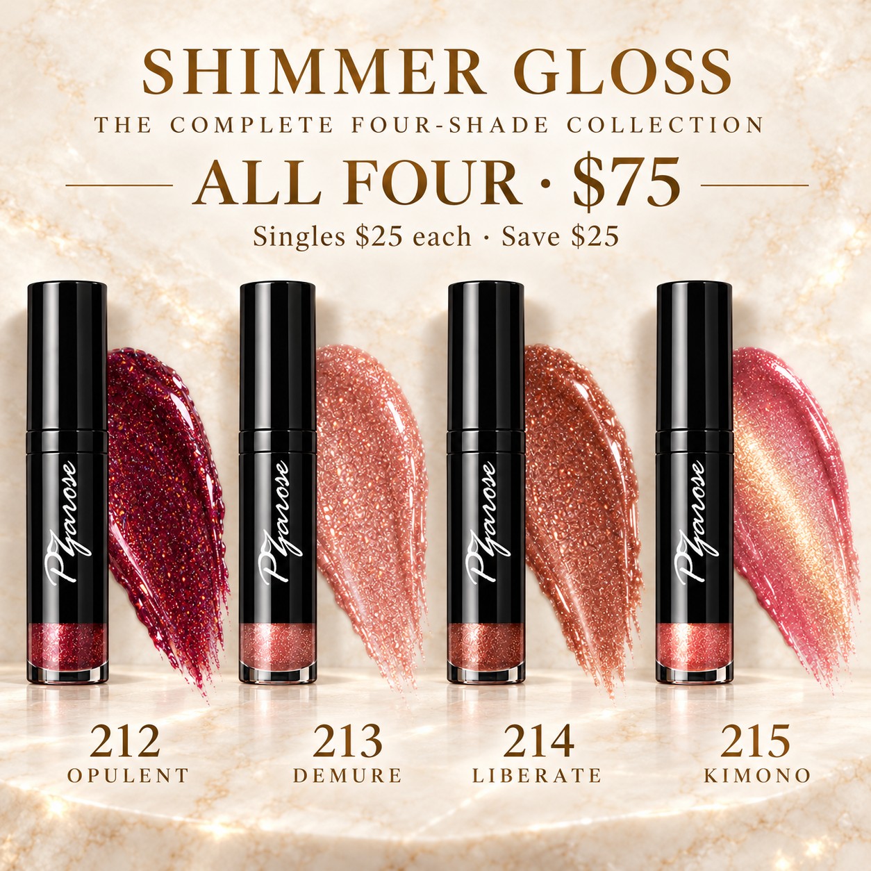 PZAROSE Shimmer Gloss — all four shades and swatches for $75