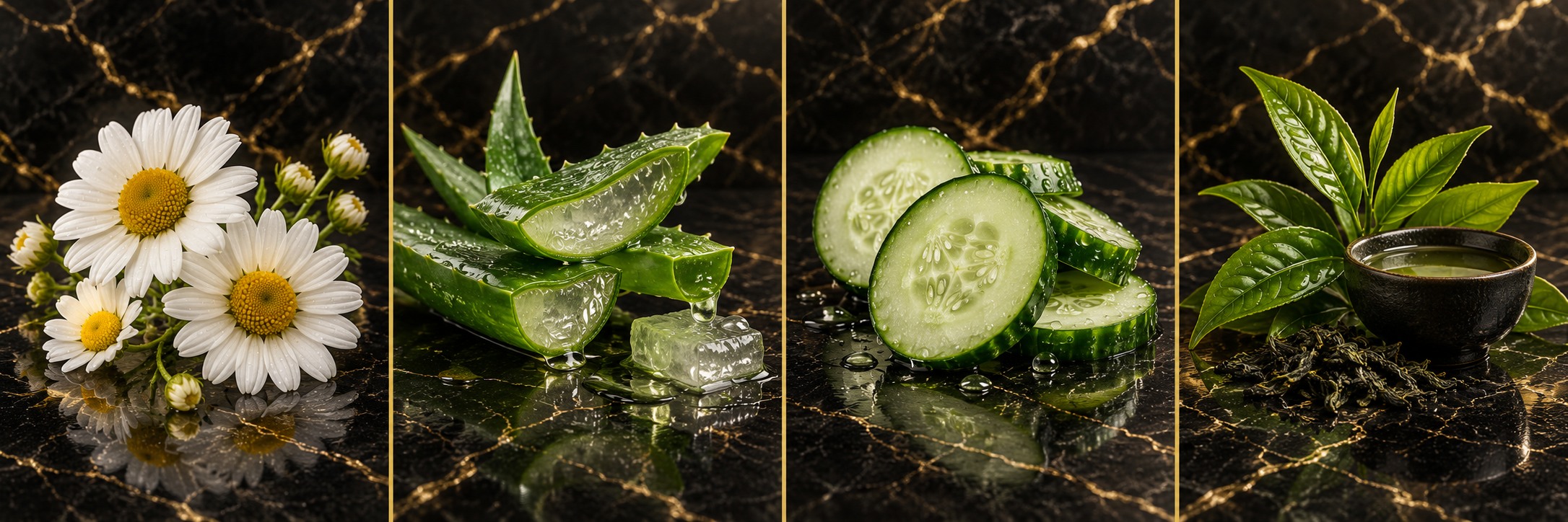 Chamomile, aloe vera, cucumber and Japanese green tea featured botanicals