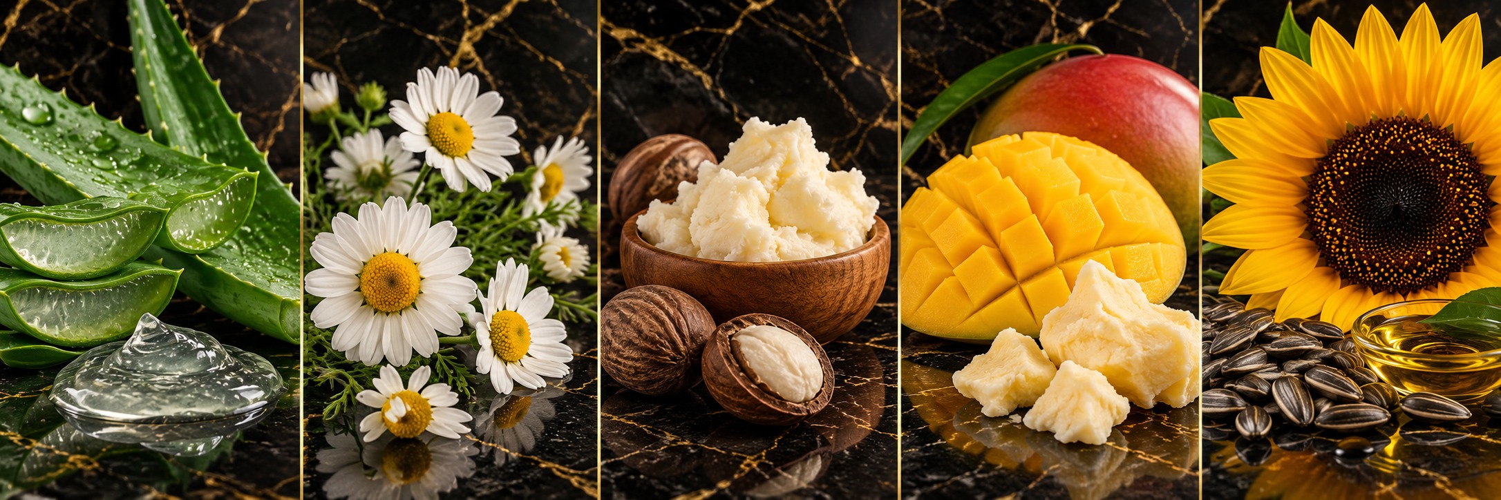 Aloe vera, chamomile, shea butter, mango butter and sunflower botanical ingredients