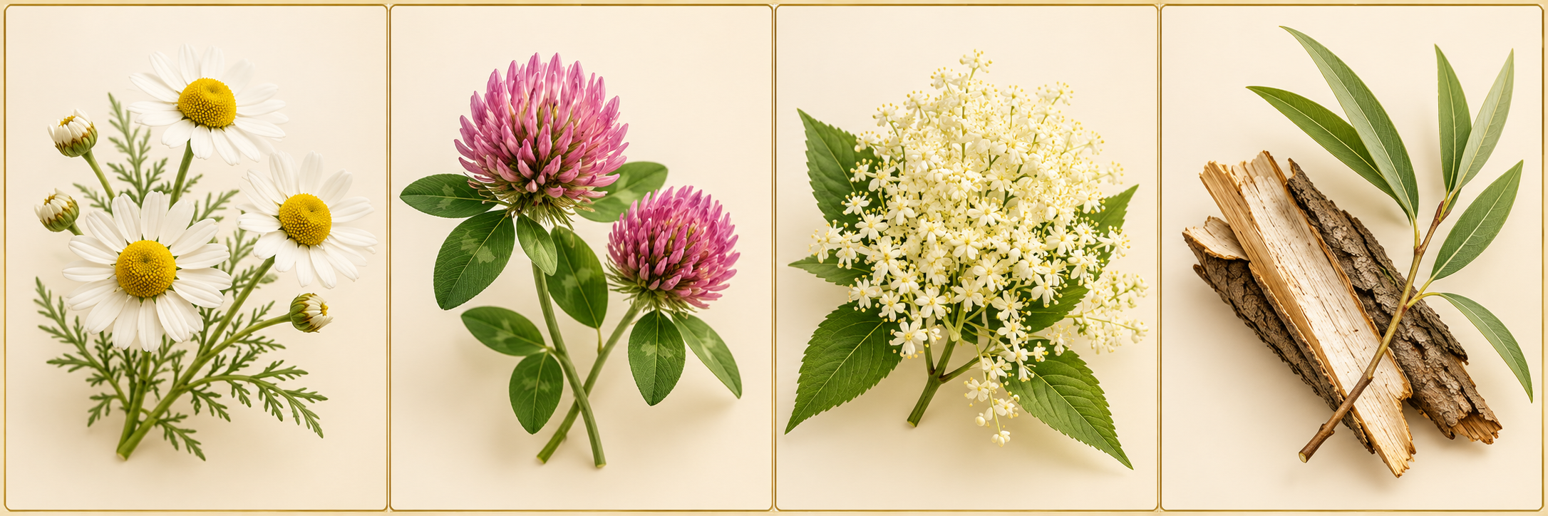 Chamomile, red clover, elderflower and white willow bark botanicals