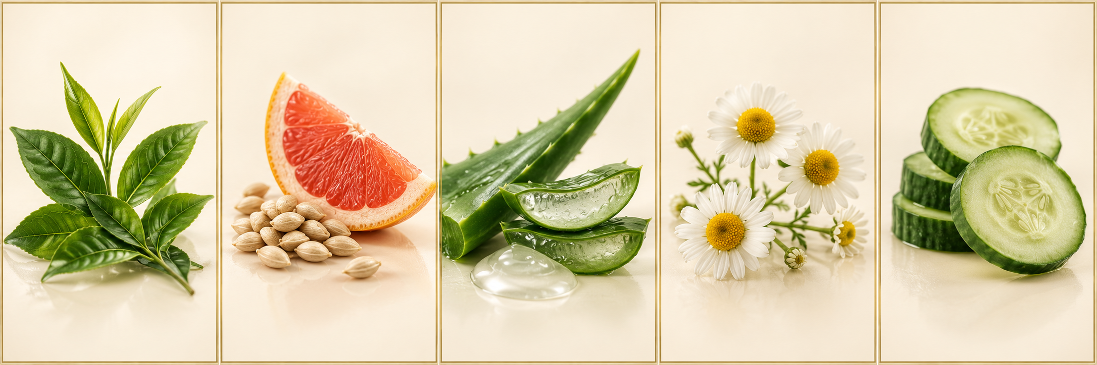 Japanese green tea, grapefruit seed, aloe vera, chamomile and cucumber