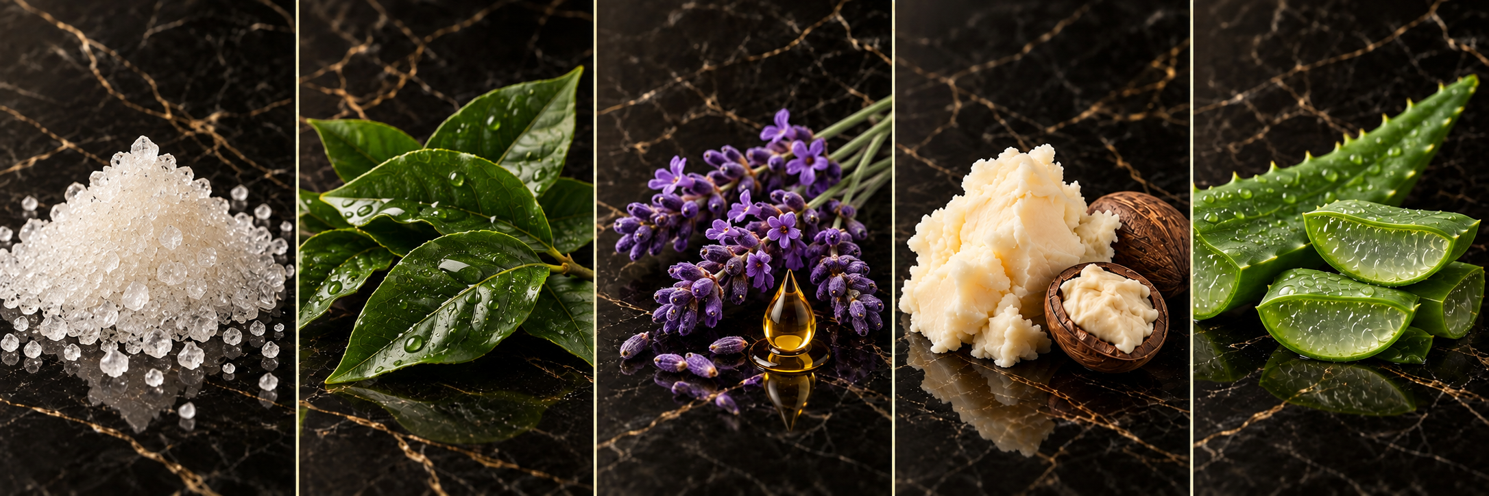 Sugar, coffee leaves, lavender, shea butter and aloe vera ingredient representations