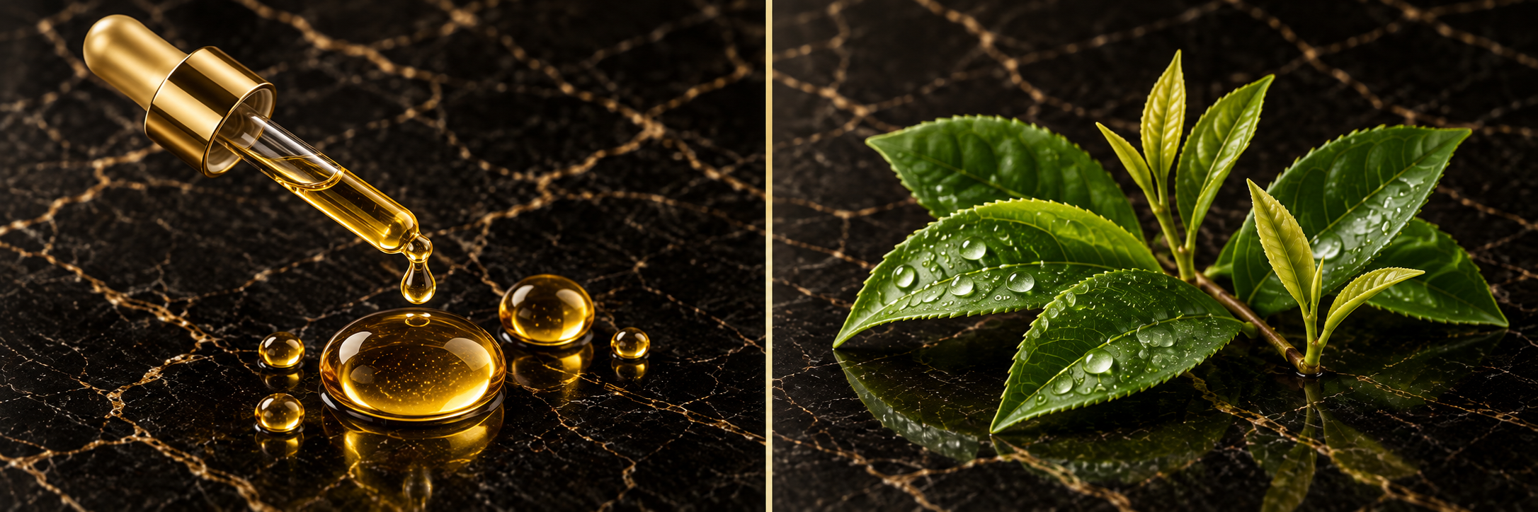 Golden oil representing vitamin E, beside fresh green tea leaves