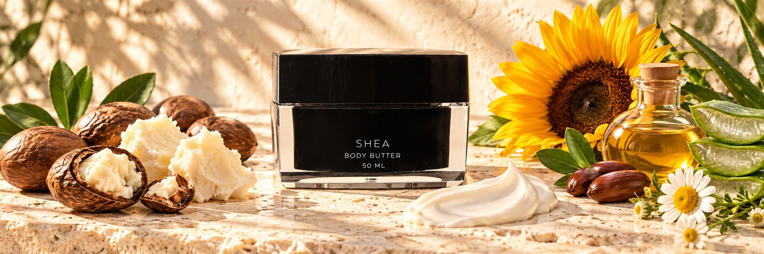 PZAROSE SHEA Nourishing Body Butter with fair-trade shea, sunflower, jojoba, aloe and chamomile