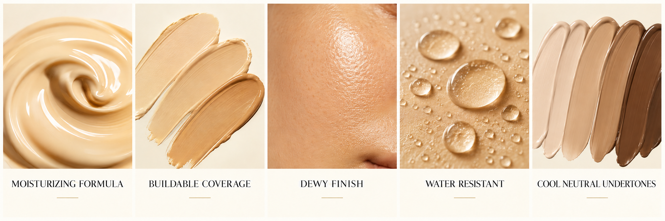 Moisturizing formula, buildable coverage, dewy finish, water resistance and cool neutral undertones