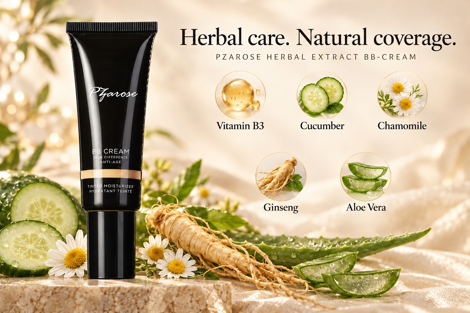 PZAROSE Herbal Extract BB-Cream with Vitamin B3, cucumber, chamomile, ginseng and aloe vera