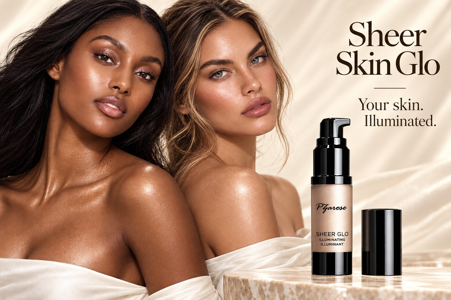 PZAROSE models 4 and 6 showing luminous cheekbones, shoulders and décolletage on dark and light skin