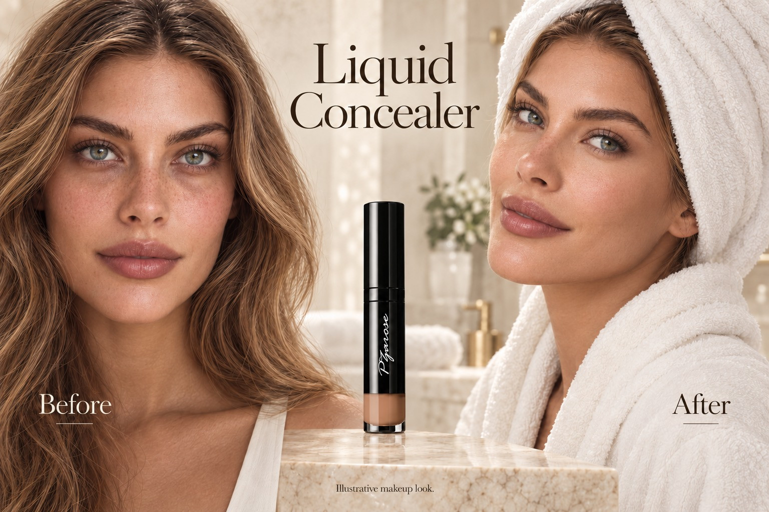 PZAROSE Liquid Concealer before and after makeup, with a fresh towel-wrapped after look