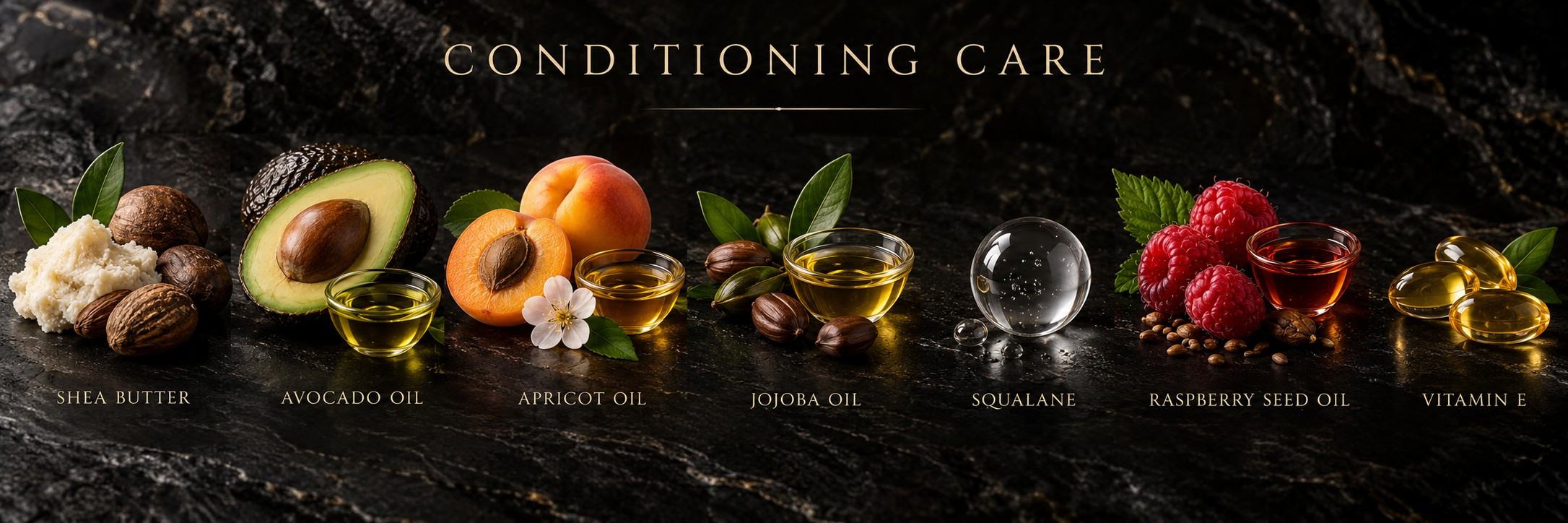 Conditioning care: shea butter, avocado oil, apricot oil, jojoba oil, squalane, raspberry seed oil and vitamin E
