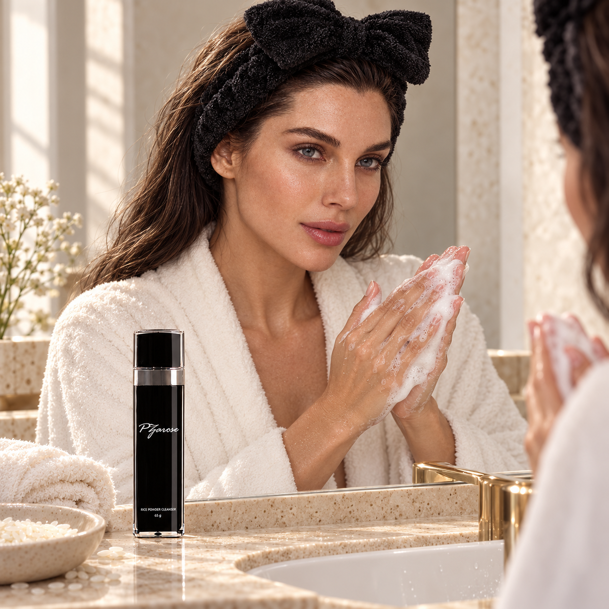 Rice Ritual Powder Cleanser & Headband Set — illustrated application ritual