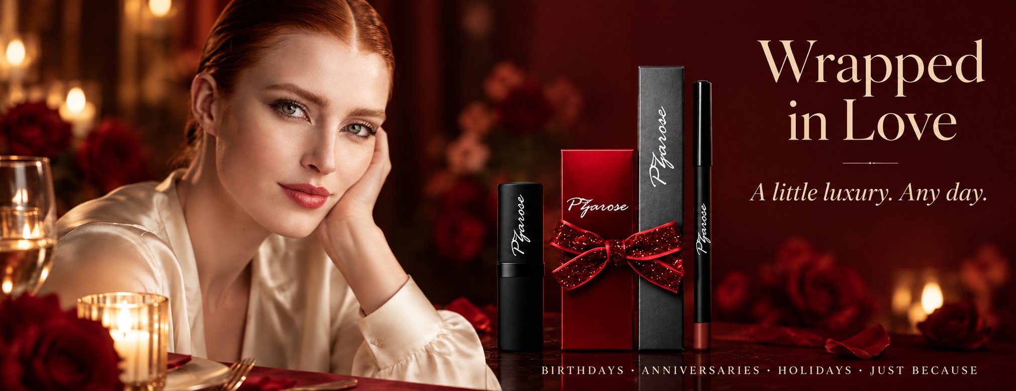 Wrapped in Love: a PZAROSE lipstick and coordinating liner, with signature gift boxes and a red bow
